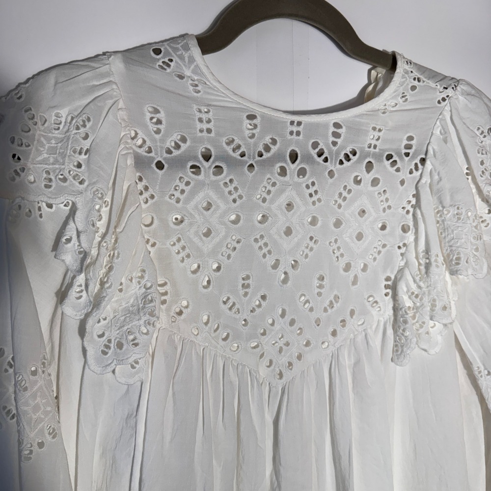 HM Eyelet Ruffle Blouse Womens‎ Size 2 White Long Sleeve Cotton Boho Cottagecore - Picture 3 of 12